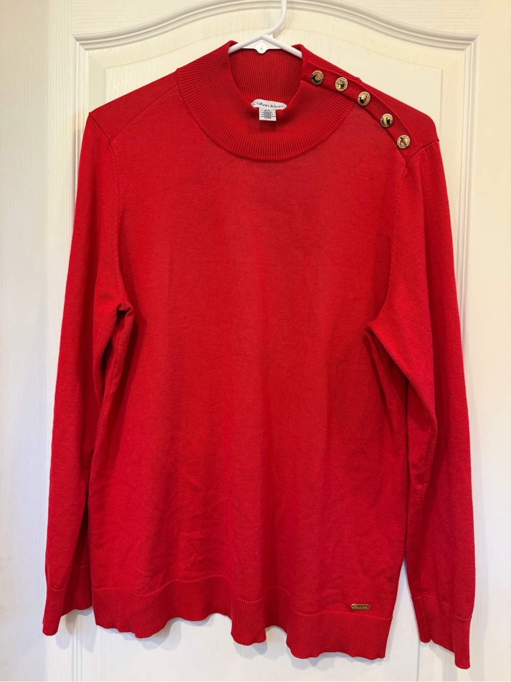 Calvin Klein Red Crewneck Sweater with Gold Shoulder Buttons
